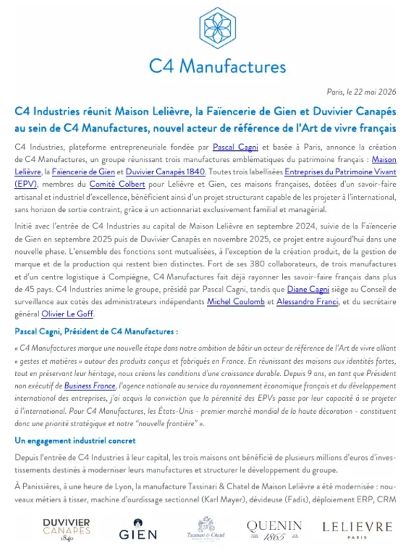 Communiqué de presse – Lancement C4 Manufactures (Mai 2026)