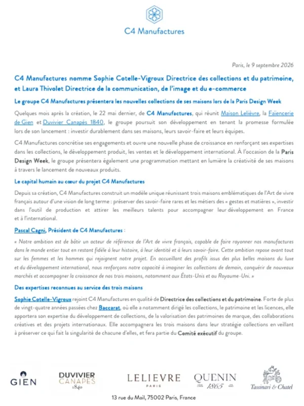 Communiqué de presse – C4 Manufactures – Paris Design Week 2026